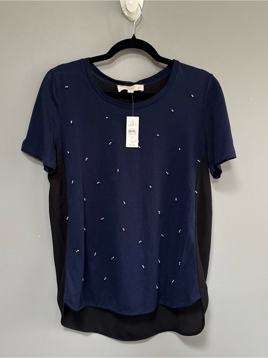 LOFT Tops - LOFT Navy Beaded Gem Short-Sleeve Women's Top Size M Black Sheer Back NWT